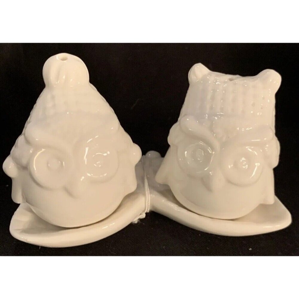 Owl-Shaped Ceramic Salt & Pepper Shakers With Leaf Tray